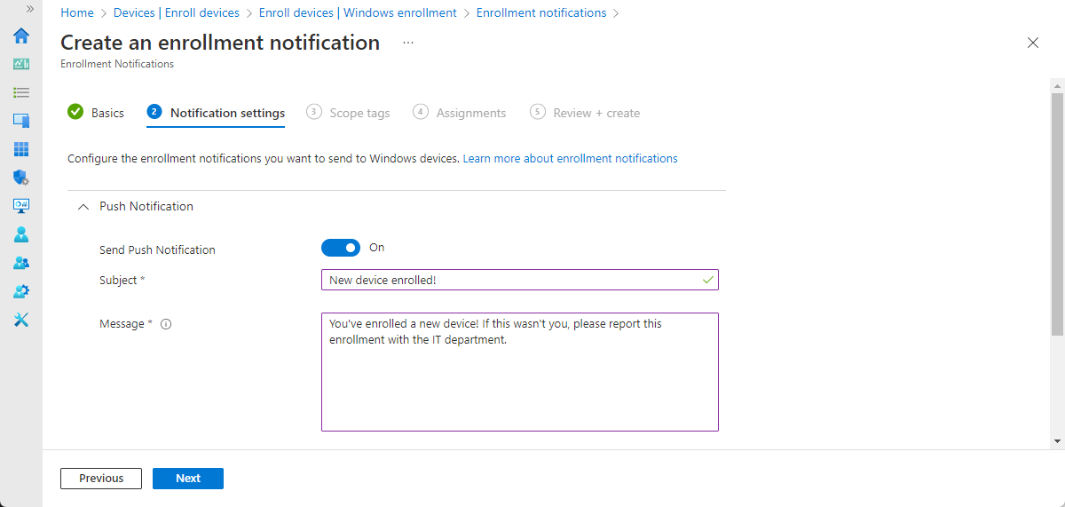 Intune enrollment notification: Push notification settings